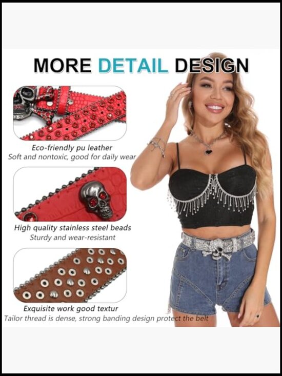 Rhinestone Skull Belt Studded Punk Western Cowgirl Eco-friendly Leather main image 5